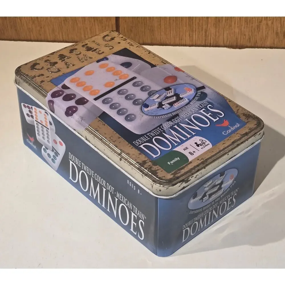Cardinal Mexican Train Dominoes Double 12 Color Dot Set 88 Tiles Tin Case